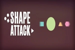 ダークブラウンの背景に、白い「SHAPE ATTACK」の文字と、緑色の四角形と楕円、オレンジ色の三角形、ピンク色の六角形が並んでいる。