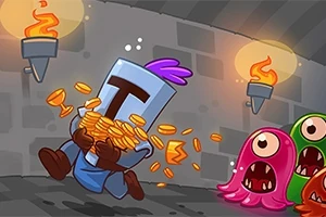 甲冑を着たキャラクターが金貨を抱えて逃げており、後ろからモンスターが追いかけてくるダンジョンの風景。
