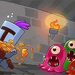 甲冑を着たキャラクターが金貨を抱えて逃げており、後ろからモンスターが追いかけてくるダンジョンの風景。