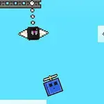 青い背景に、プロペラがついた青い立方体と上から吊り下げられた目のような黒い装置。