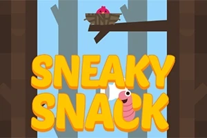 木の上にある巣とその下にいる虫の上に、大きな黄色の文字で「SNEAKY SNACK」と表示されたイラスト。