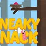 木の上にある巣とその下にいる虫の上に、大きな黄色の文字で「SNEAKY SNACK」と表示されたイラスト。