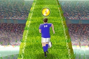 サッカーユニフォームを着た人が、芝生の階段を登りながら金色のコインを目指している。