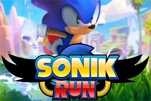 青いハリネズミのキャラクターが疾走しているイラストと「SONIK RUN」のロゴ。