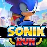 青いハリネズミのキャラクターが疾走しているイラストと「SONIK RUN」のロゴ。