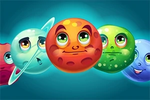 カラフルで表情豊かな顔が描かれた惑星や星のイラスト。