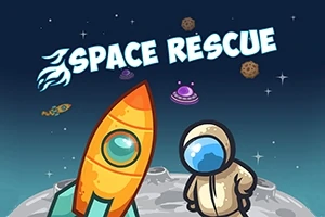 宇宙飛行士とロケットが月の表面に立ち、背景には惑星や隕石が浮かんでいるイラスト。