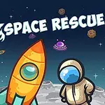 宇宙飛行士とロケットが月の表面に立ち、背景には惑星や隕石が浮かんでいるイラスト。