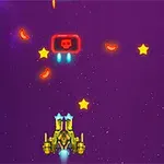 紫色の背景に、黄色い宇宙船が星と赤い敵アイコンを避けながら飛んでいる。