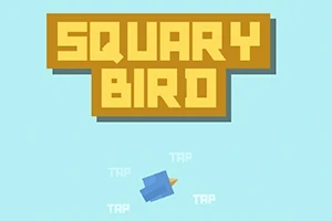 黄色の背景に「SQUARY BIRD」と書かれた文字と、青い鳥が中央に描かれているシンプルなデザインの画像。