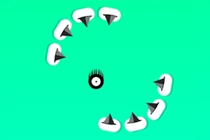 緑色の背景に、中央に目のような黒い円があり、その周りに黒いとげのある白いオブジェクトが円形に配置されている。