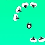 緑色の背景に、中央に目のような黒い円があり、その周りに黒いとげのある白いオブジェクトが円形に配置されている。