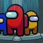 青、赤、黄色の宇宙服を着たキャラクターが円形のプラットフォームに立っているイラスト。