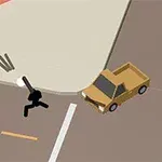 二人のスティックマンが道路で銃を構え、茶色の車の近くを走っている。