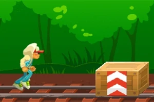 フードをかぶったキャラクターが線路上で木箱の前で走っている。
