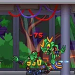 子供がバックパックを背負い、緑色のモンスターと戦っている。