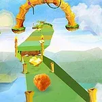 緑の道が空中に浮かび、木や黄色いアイテムが配置された幻想的な風景。