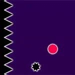 紫色の背景に、中央に赤い円と左下に黒い鋸歯状の形がある画像。