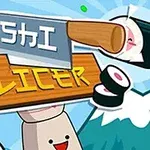 寿司のロールと包丁が描かれた漫画風のイラスト。