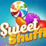 カラフルなキャンディや果物と「Sweet Shuffle」というテキストが青い背景に表示されている。