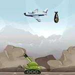 飛行機が爆弾を投下しようとしている崖の風景に緑の戦車が描かれたイラスト。