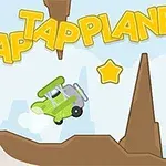 緑色の飛行機が星の間を飛行し、背景に茶色の山や「TAP TAP PLANE」という黄色の文字があるイラスト。