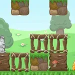 緑の丘と木々を背景に、ウサギとニンジンが草の上のブロックに配置されているイラスト。