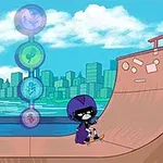 青空の下、スケートボードを持った紫色のコスチュームのキャラクターがハーフパイプの上に立っている。