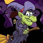 魔女の衣装を着た緑色のキャラクターがほうきに乗って空を飛んでいるイラスト。