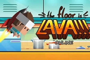 キャラクターがジェットパックを使って空中に浮かぶキッチン背景と「the floor is LAVA!