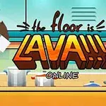 キャラクターがジェットパックを使って空中に浮かぶキッチン背景と「the floor is LAVA!