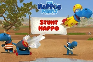 青いカバのキャラクターたちがカンガルーの着ぐるみを着たカバを大砲から発射し、背後に「STUNT HAPPO」と書かれた旗がある。