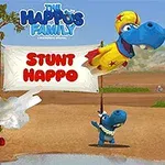 青いカバのキャラクターたちがカンガルーの着ぐるみを着たカバを大砲から発射し、背後に「STUNT HAPPO」と書かれた旗がある。