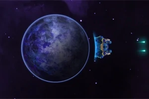 紫色の宇宙を背景に、地球のような惑星とその隣を通過する青い宇宙船。