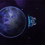 紫色の宇宙を背景に、地球のような惑星とその隣を通過する青い宇宙船。