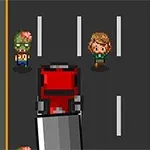 二人のキャラクターが赤いトラックと共に道路上にいるピクセルアートスタイルのイラスト。