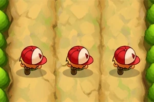 赤い帽子をかぶったキャラクターが砂道を3列で歩いているイラスト。