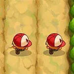 赤い帽子をかぶったキャラクターが砂道を3列で歩いているイラスト。