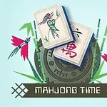 麻雀牌が2枚、竹や花を背景に時計の上に置かれているイラスト。