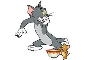 灰色の猫がオレンジの縁のあるボウルを警戒し、小さな茶色のキャラクターがその横に立っているイラスト。