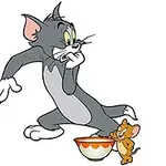 灰色の猫がオレンジの縁のあるボウルを警戒し、小さな茶色のキャラクターがその横に立っているイラスト。