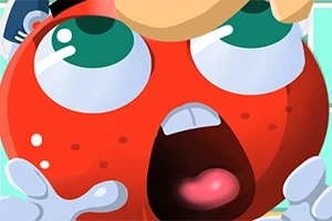 赤い丸いキャラクターが驚いた表情で、緑色の大きな目と開いた口をしているイラスト。