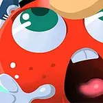 赤い丸いキャラクターが驚いた表情で、緑色の大きな目と開いた口をしているイラスト。