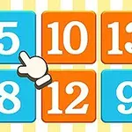 青とオレンジの数字タイルが並び、手のアイコンが一つのタイルを指している。