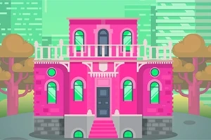明るいピンク色の大きな家が都市の風景を背景にして描かれている。