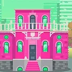 明るいピンク色の大きな家が都市の風景を背景にして描かれている。