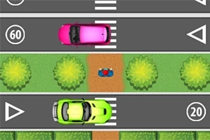 2台の車が上下方向に走っていて、中央には草木が並んだ道に立つキャラクターが描かれている。