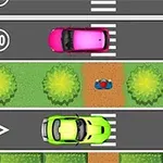 2台の車が上下方向に走っていて、中央には草木が並んだ道に立つキャラクターが描かれている。