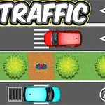 赤い車と青い車が道路を走行し、中央に緑の木々と一人の歩行者がいるイラスト。