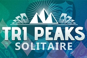 青と緑の背景に白い文字で「TRI PEAKS SOLITAIRE」と書かれ、上部に三つの山のロゴとトランプのスートが描かれている画像。